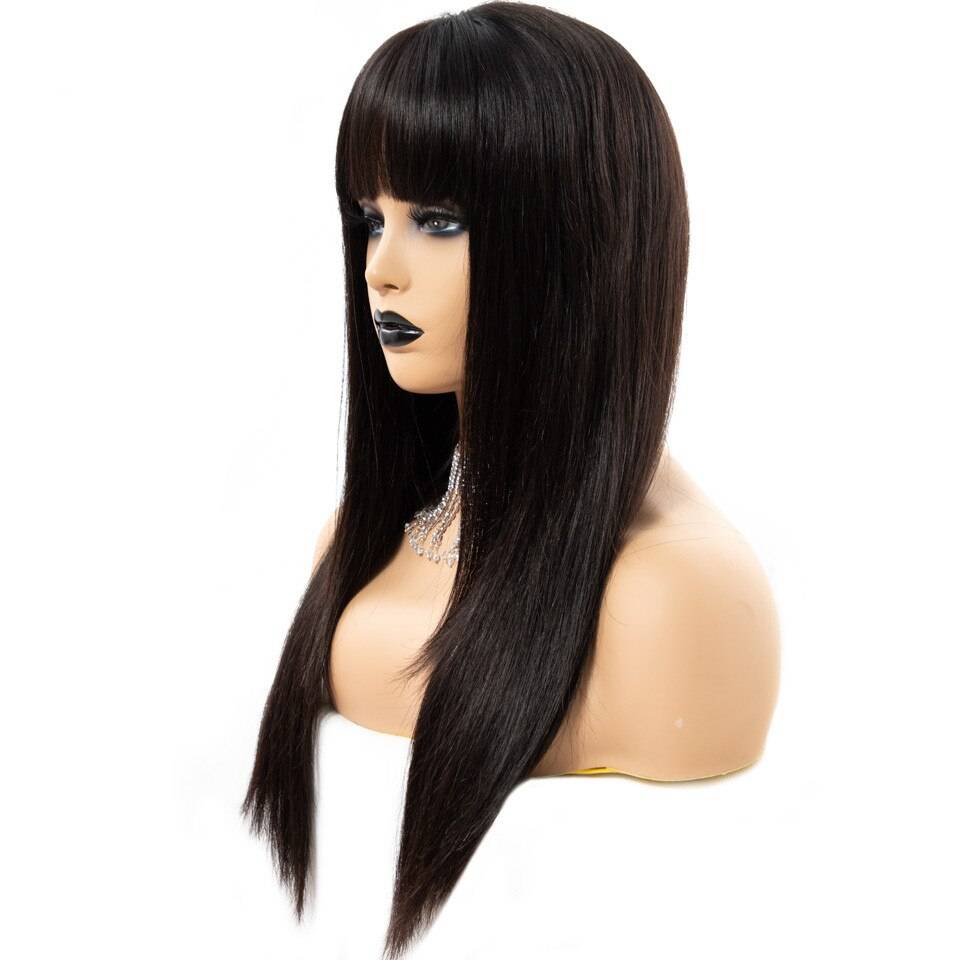 Black Long Straight Bangs Virgin Human Hair Wig