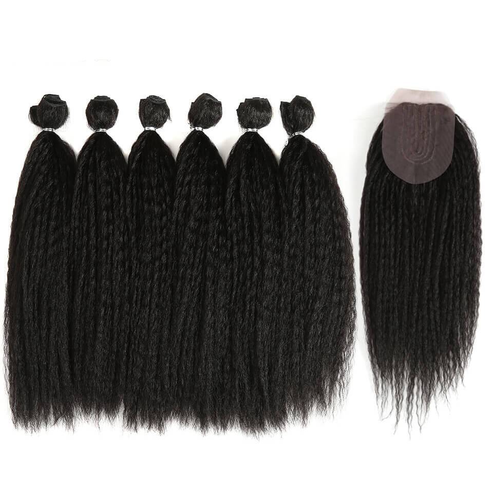 Black Kinky Straight Synthetic Hair Extensions 7 pcs Set