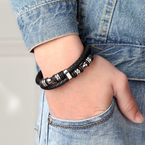 Genuine Leather Bracelet for Men with Steel Decor Sale