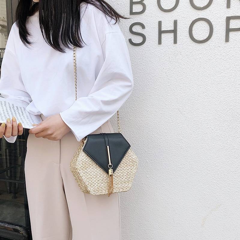 Women's Hexagon Shaped Straw Bag