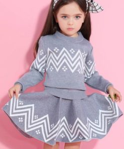 Girl’s Geometric Pattern Warm Cardigan and Skirts Set Dresses Children's Girl Clothing