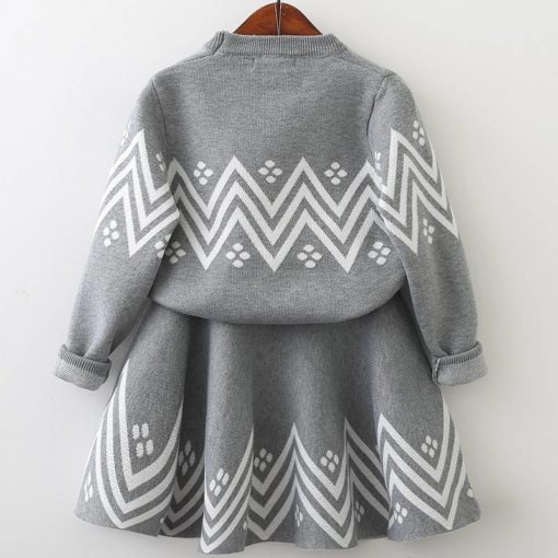 Girl’s Geometric Pattern Warm Cardigan and Skirts Set Dresses Children's Girl Clothing