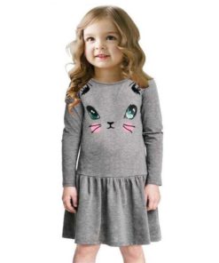 Fashion Girl`s Long Sleeve Dress with Cat Face Dresses Children's Girl Clothing