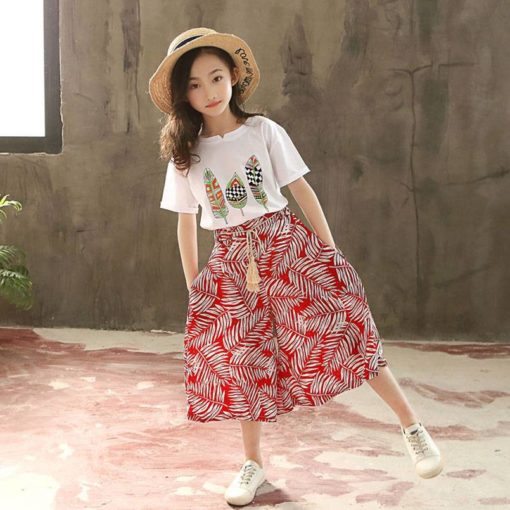 Girl’s Fashion Printed Polyester T-Shirt and Pants Clothing Sets Children's Girl Clothing