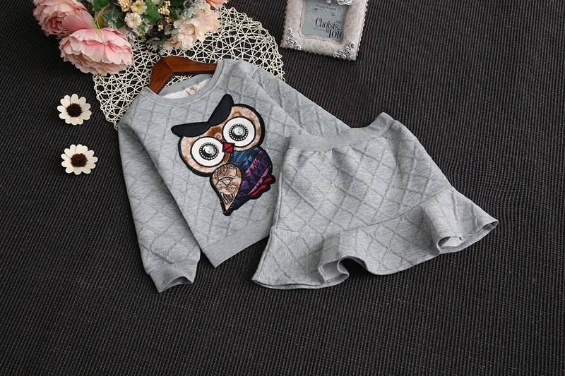 Fashion O-Neck Owl Embroidery 2 pcs Clothing Set for Girls