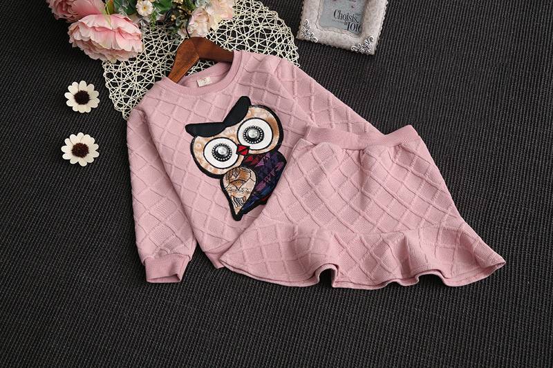 Fashion O-Neck Owl Embroidery 2 pcs Clothing Set for Girls