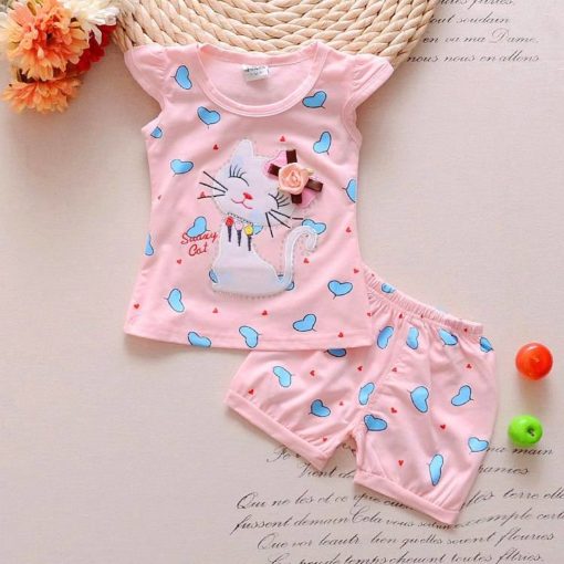 Cute Summer Shorts & T-Shirt Set With Kitty Print Clothing Sets Children's Girl Clothing