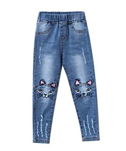 Girls’ Cat Printed Jeans with Elastic Waist Pants Children's Girl Clothing