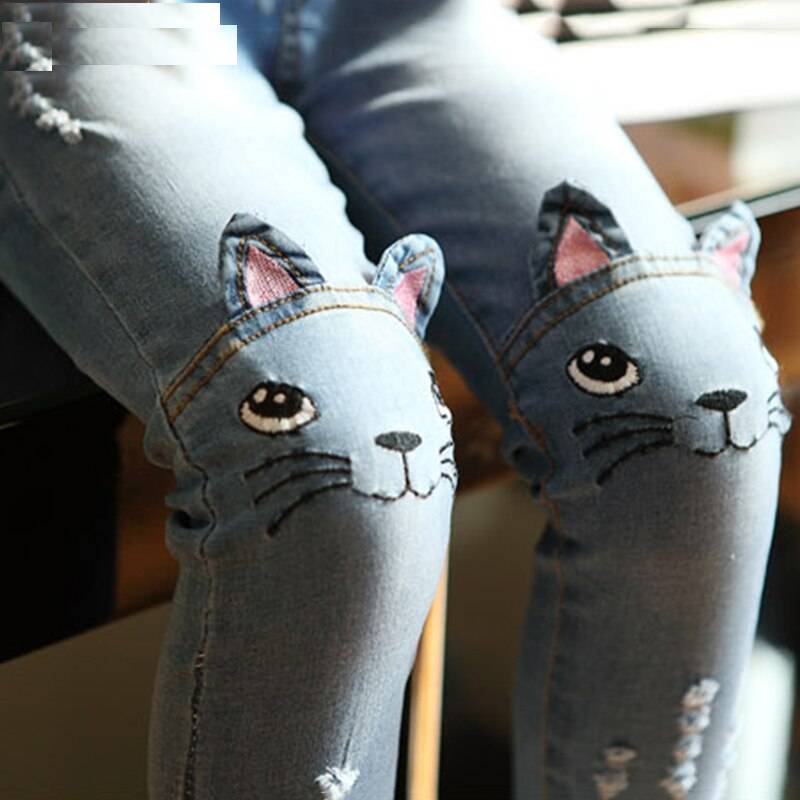 Girls' Cat Printed Jeans with Elastic Waist