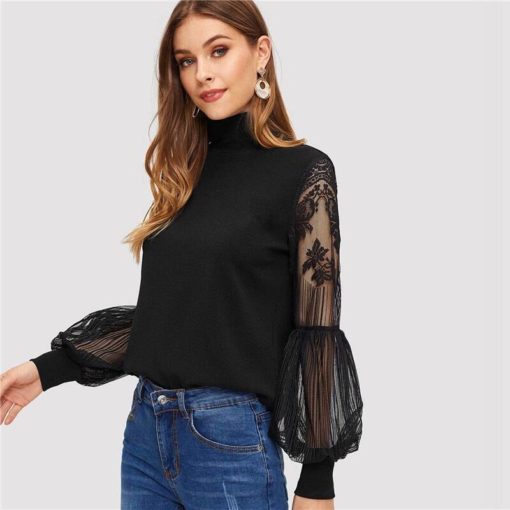 Women’s Lace Inserts Design Black Blouse Blouses & Shirts Women's Women's Clothing