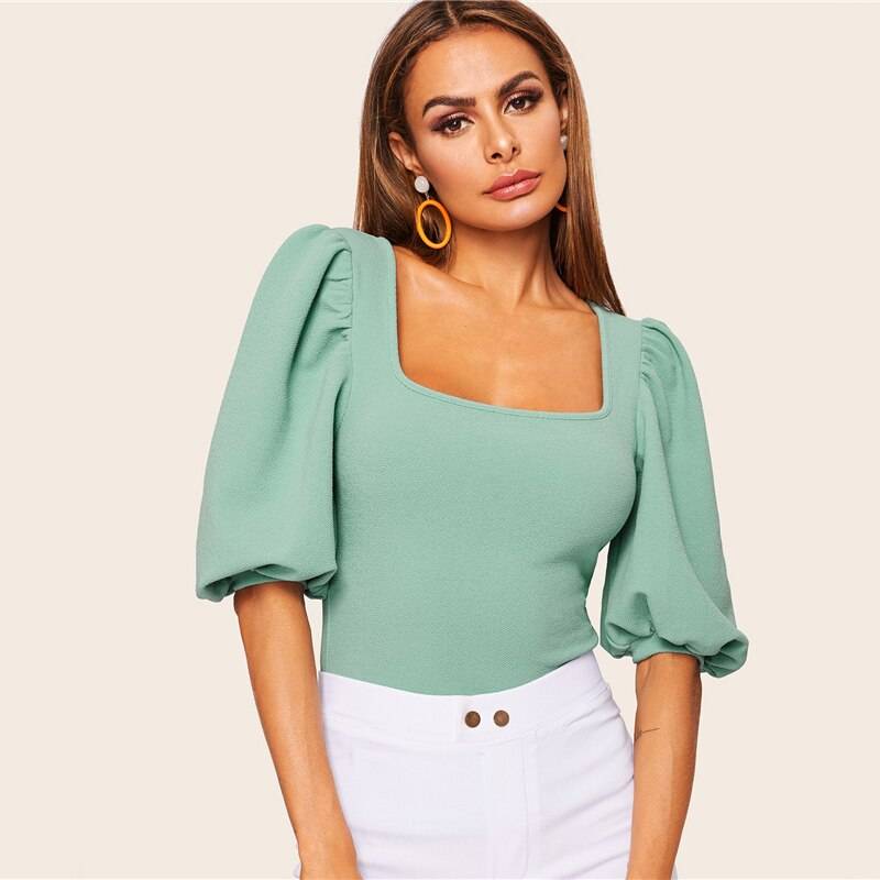 Women's Puff Sleeve Turquoise Blouse