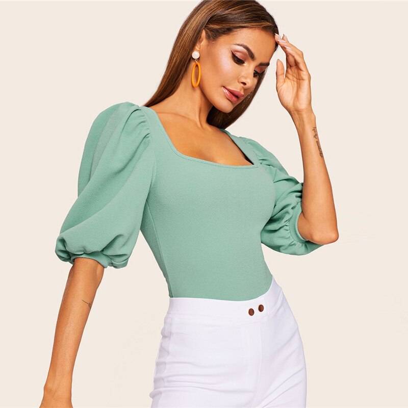 Women's Puff Sleeve Turquoise Blouse