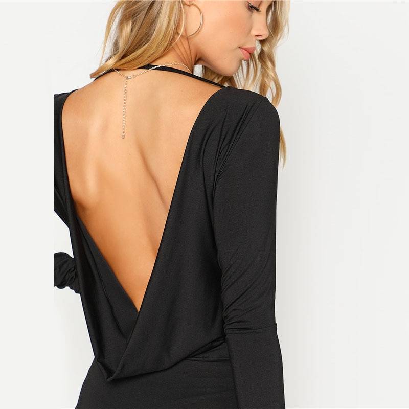 Women's Black Backless Draped Bodysuit