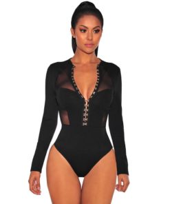 Women’s Long Sleeved Mesh Front-Button Bodysuit Bodysuits Women's Women's Clothing