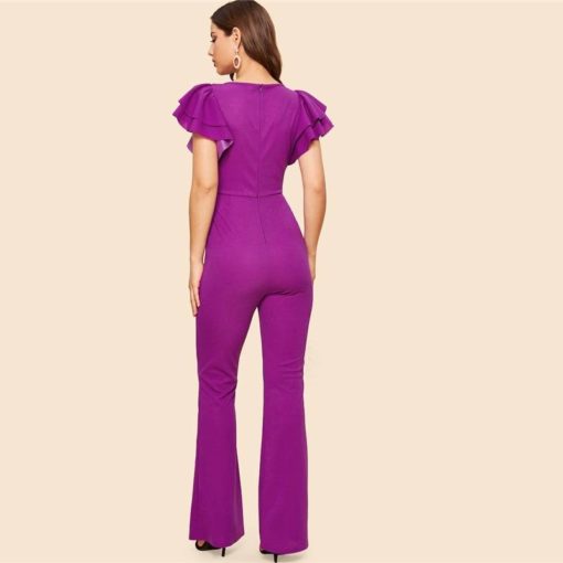 Women’s Ruffle Sleeve Purple Flared Jumpsuit Jumpsuits Women's Women's Clothing