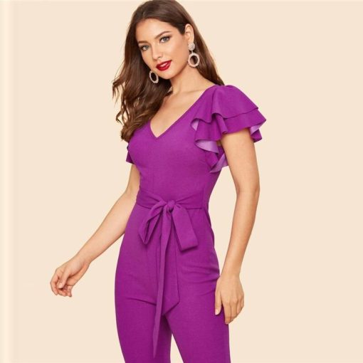 Women’s Ruffle Sleeve Purple Flared Jumpsuit Jumpsuits Women's Women's Clothing