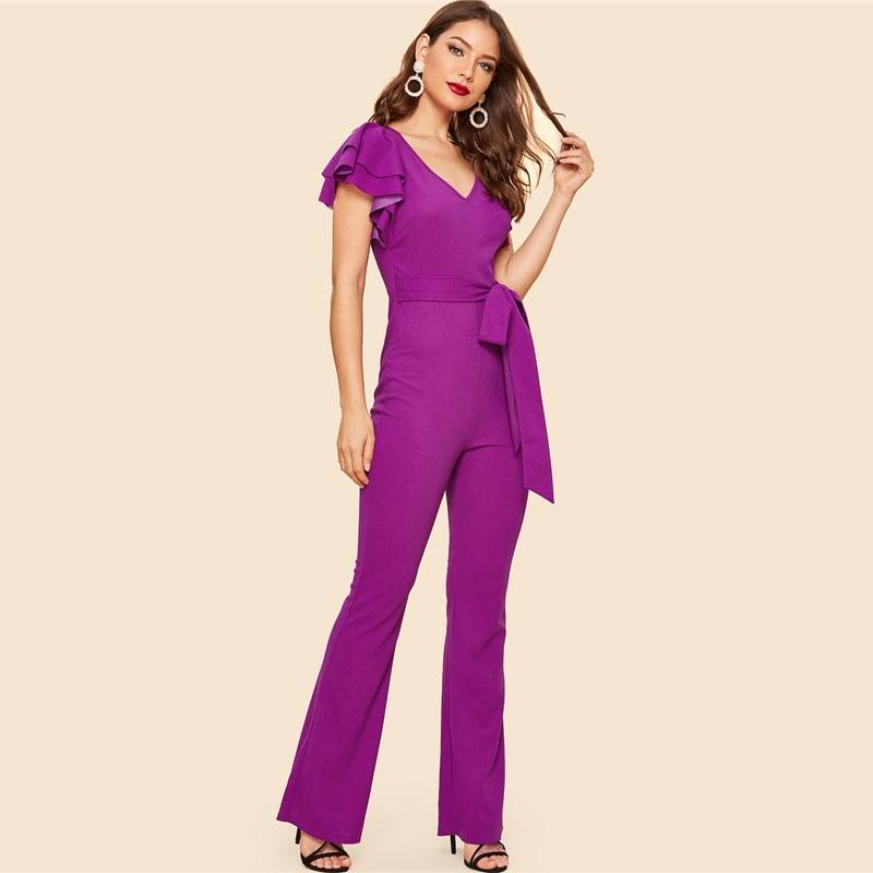 Women's Ruffle Sleeve Purple Flared Jumpsuit