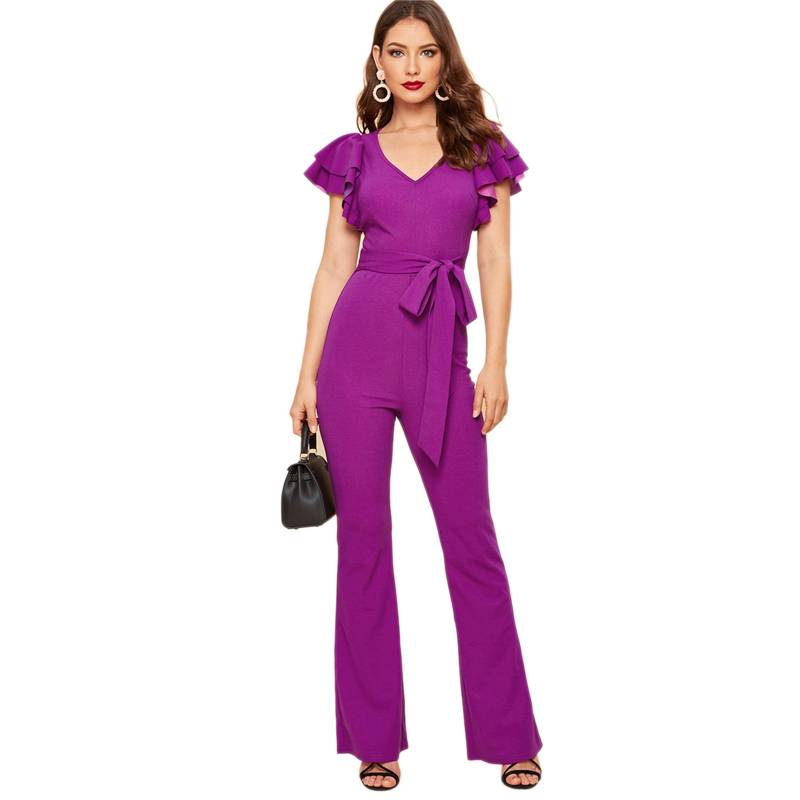 Women's Ruffle Sleeve Purple Flared Jumpsuit