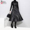 Faux Leather Black Midi Sexy Sleeveless PU Dress Belt A-Line Spaghetti Strap Dresses Women's Women's Clothing 