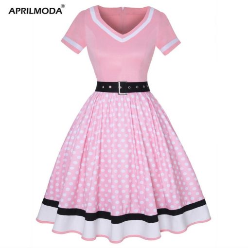 Polka Dot Print Vintage Dress V-Neck Short Sleeve Belt Hepburn Dress Dresses Women's Women's Clothing
