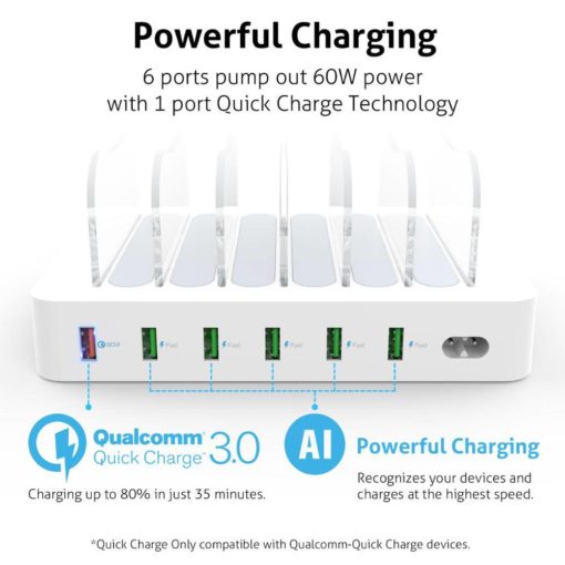 Quick Charge 3.0 60W/12A 6-Port USB Charging Station for Multiple Devices Cell Phones & Accessories Consumer Electronics
