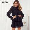 SHEIN Black Frill Tie Neck Ruffle Trim Layered Mesh Party Mini Dress Dresses Women's Women's Clothing 