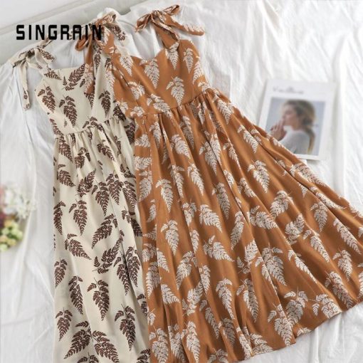 SINGRAIN Women Summer Bohemian Strap Long Dress Korean Print Chiffon Ruched Sundress Dresses Women's Women's Clothing