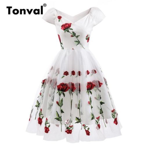 Tonval Rose Flower Embroidery V neck Elegant Dress Dresses Women's Women's Clothing