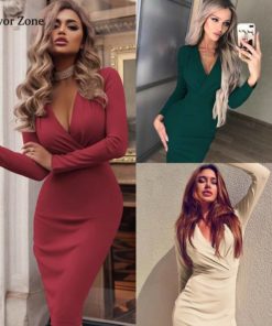 Winter Casual Solid Color Long Sleeve Elegant Office Lady Dress Sexy Deep V Neck Bodycon Pencil Party Dresses Dresses Women's Women's Clothing