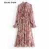Pink Flower print Long Sleeve Dress With Sashes Dresses Women's Women's Clothing 