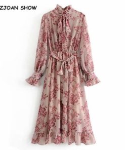 Pink Flower print Long Sleeve Dress With Sashes Dresses Women's Women's Clothing