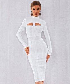 Elegant White Long Sleeve O-Neck Hollow Out Dress Dresses Women's Women's Clothing