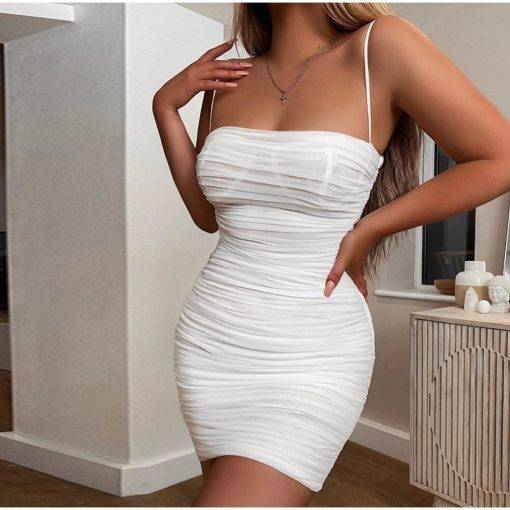 NewAsia Double Layers Mesh Summer Spaghetti Straps Bodycon Ruched Dress Dresses Women's Women's Clothing