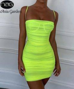 NewAsia Double Layers Mesh Summer Spaghetti Straps Bodycon Ruched Dress Dresses Women's Women's Clothing