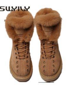SWYIVY Martin Rabbit Fur Casual Genuine Leather Snow Boots High Top Women's Shoes Shoes