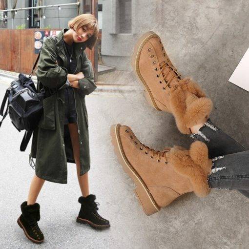 SWYIVY Martin Rabbit Fur Casual Genuine Leather Snow Boots High Top Women's Shoes Shoes
