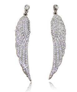 Women Silver Rhinestone Angel Wings Feather Stud Earrings Budget Friendly Accessories