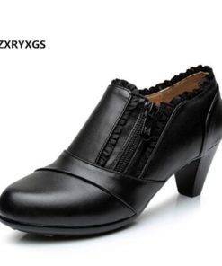 Elegant Fashion High Heels Zipper Plus Velvet Winter Shoes Genuine Leather Women's Shoes Shoes