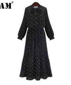 Round Neck Long Sleeve Solid Black Chiffon Dot Loose Dress Dresses Women's Women's Clothing