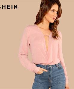 Women Elegant Solid Button V Neck Long Sleeve Blouse Blouses & Shirts