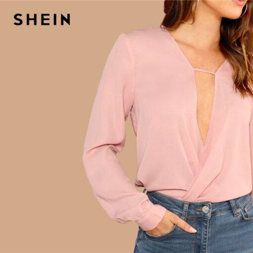 Women Elegant Solid Button V Neck Long Sleeve Blouse Blouses & Shirts