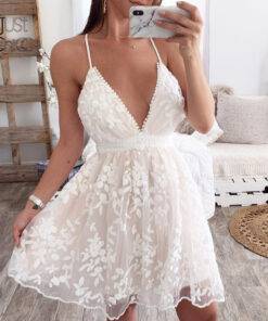 Justchicc Mesh White Lace Dress Women Hollow Out Sleeveless V neck Sexy Bodycon Dress Skinny Floral Dresses Vestidos Dresses Women's Women's Clothing
