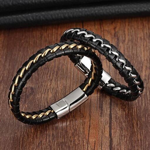 Men’s Magnet Clasp Genuine Leather Stainless Steel Rope Bracelet Budget Friendly Accessories