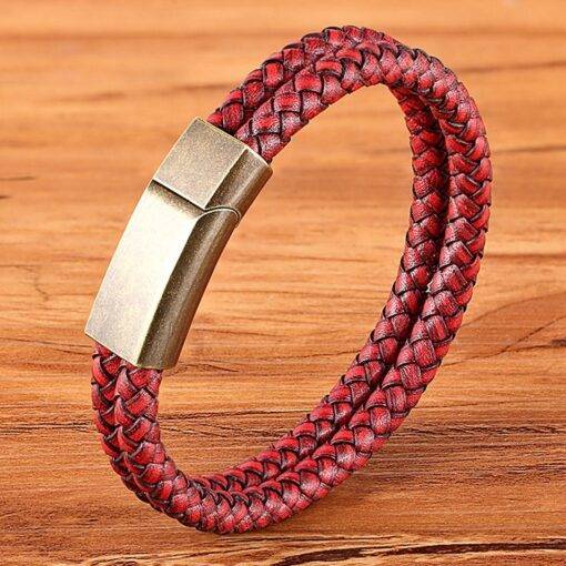 Men’s Vintage Red Genuine Leather Double Layer Charm Bracelet Budget Friendly Accessories