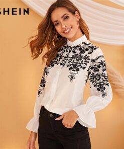 Women Black And White Embroidery Stand Collar Elegant Shirt Blouses & Shirts