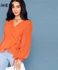 Women Sexy Bright Orange Deep V Neck Tie Side Wrap Blouse Blouses & Shirts