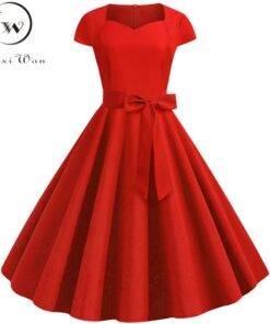 Vintage Dress Robe Solid Red Black Square Collar Retro Rockabilly Dress Women's Women's Clothing