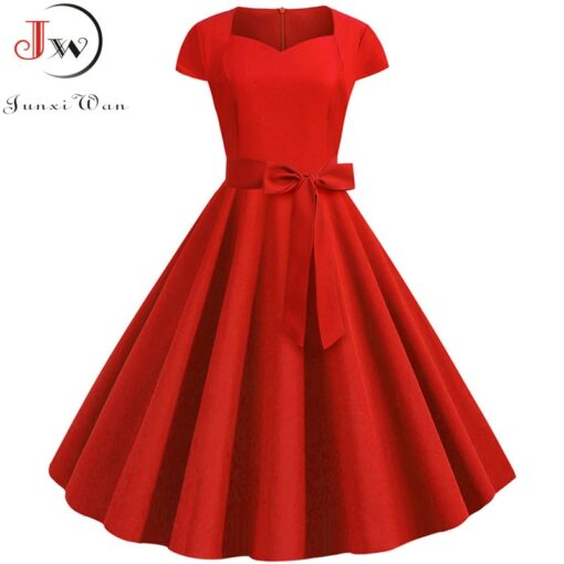 Vintage Dress Robe Solid Red Black Square Collar Retro Rockabilly Dress Women's Women's Clothing
