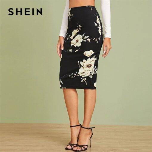 Black Elastic Waist Floral Print Pencil Skirt Skirt