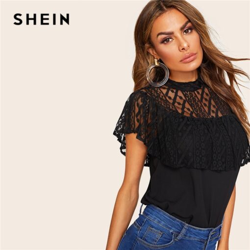 SHEIN Office Lady Black Lace Yoke Ruffle Embellished Sheer Top Lace Blouse Women Summer Butterfly Sleeve Elegant Solid Blouses Blouses & Shirts Women's Women's Clothing